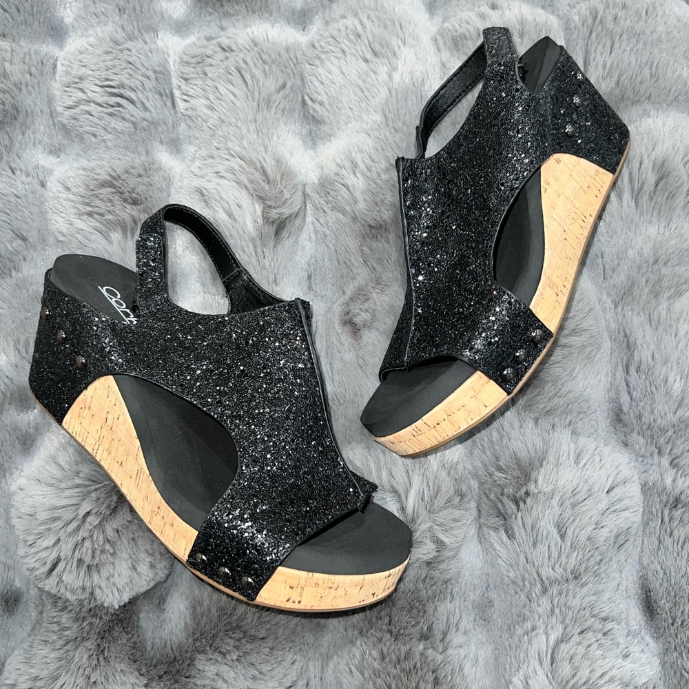 NEW - Corkys Carley Black Sparkle Wedge Sandals size 8